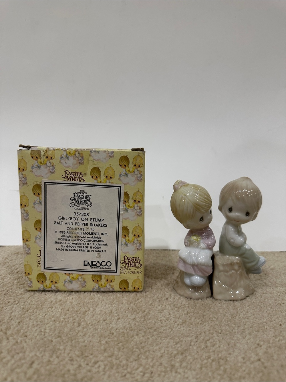 Enesco Precious Moments Pastel Girl and Boy Stump Salt & Pepper Set